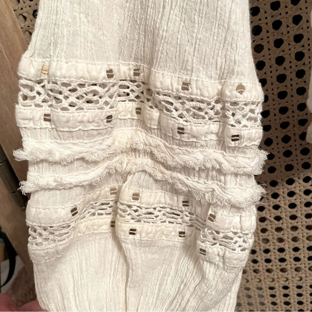 Free People Embroidered Summer Stars Ranch Style Button-Up Ivory Gauze Top XS